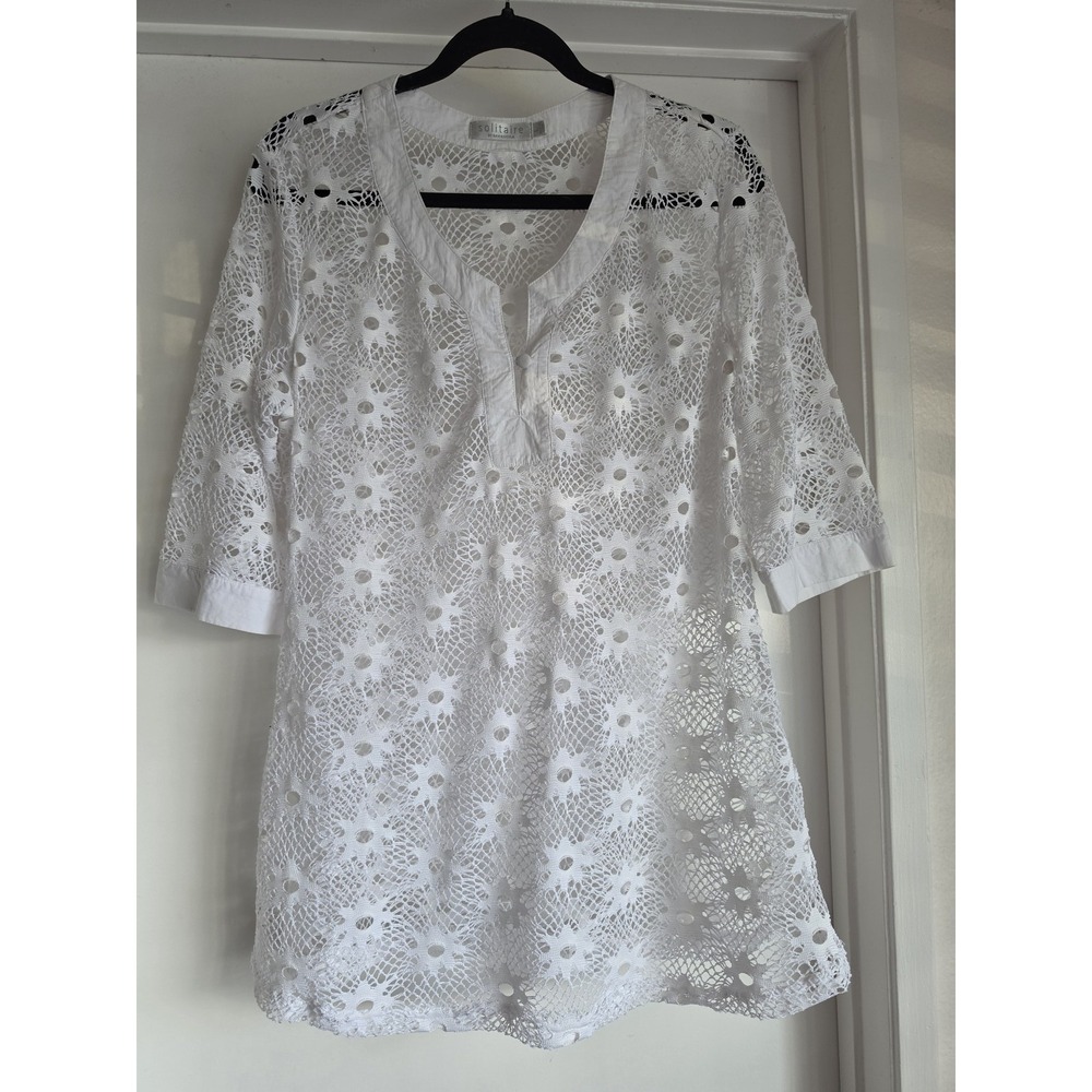 Solitaire by Ravihusla Tunic Size L White Floral Lace 3/4 Sleeve Resort Boho Top